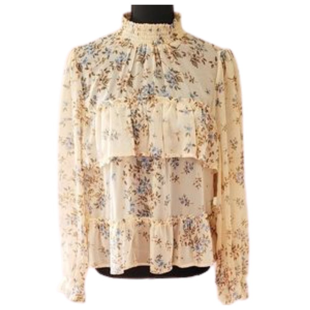 Peach & Chambray Blue Flowered Boho Peasant Blouse